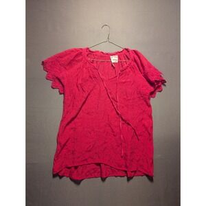 Forgotten Grace Blouse Top Womens XL Red V Neck Embroidered Eyelet Boho Peasant